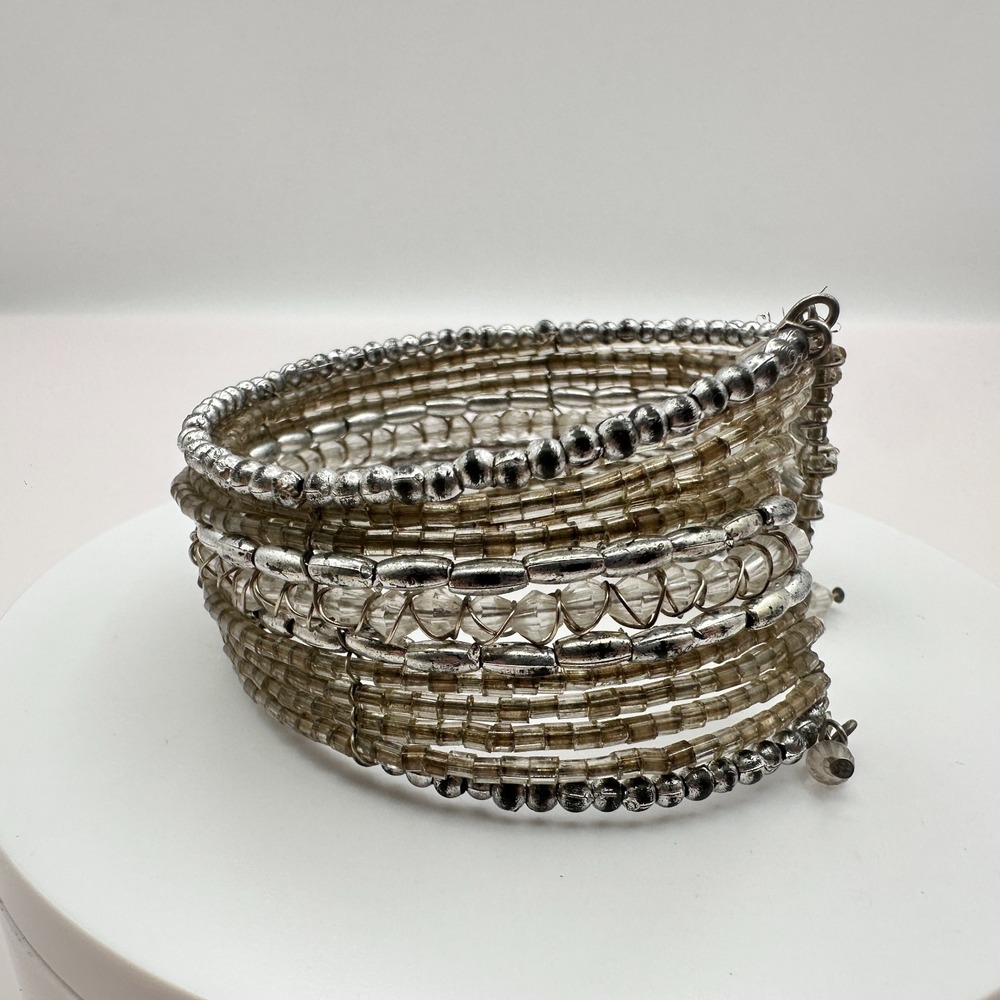 Vintage 90s Silver Tone Beaded Memory Wire Cuff Bracelet Women's Classic Jewelry
